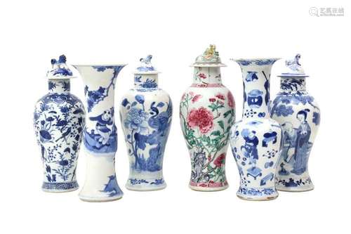 SIX CHINESE VASES AND FOUR COVERS. Qing Dynasty. Comprising ...