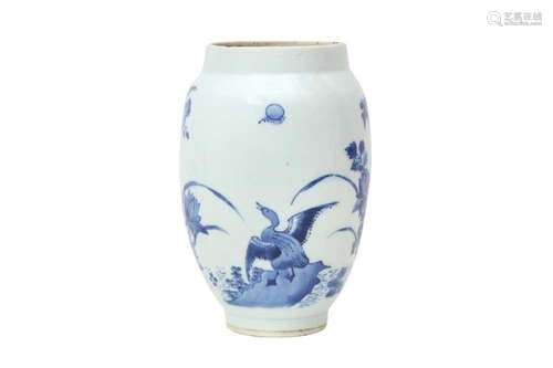 A CHINESE BLUE AND WHITE 'GEESE AND LOTUS' JAR. The ovoid bo...