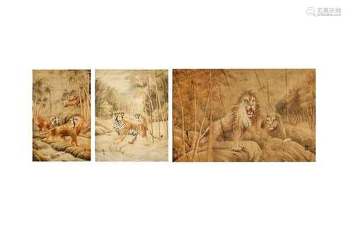 THREE JAPANESE EMBROIDERED 'BEAST' PANELS. Meiji period. Wor...