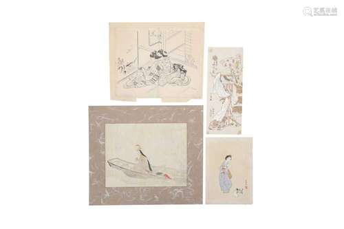 THREE JAPANESE WOODBLOCK PRINTS AND A PAINTING