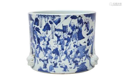 A CHINESE BLUE AND WHITE 'HUNDRED BOYS' SCROLL POT. The cyli...