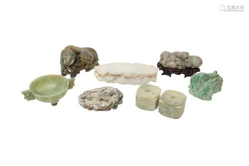 EIGHT CHINESE JADE AND HARDSTONE CARVINGS. Comprising a pair...