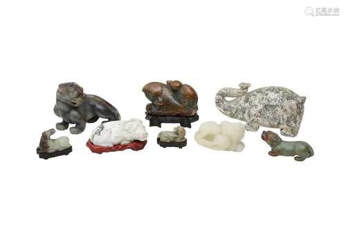 EIGHT CHINESE JADE AND HARDSTONE CARVINGS. Comprising a cela...