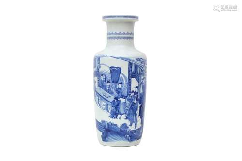 A CHINESE BLUE AND WHITE ROULEAU VASE. Painted with a scene ...