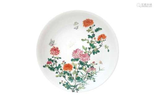 A CHINESE FAMILLE ROSE 'CHRYSANTHEMUMS' DISH. With rounded s...