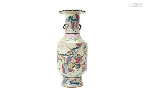 A CHINESE FAMILLE ROSE 'WARRIORS' VASE. The cylindrical body...