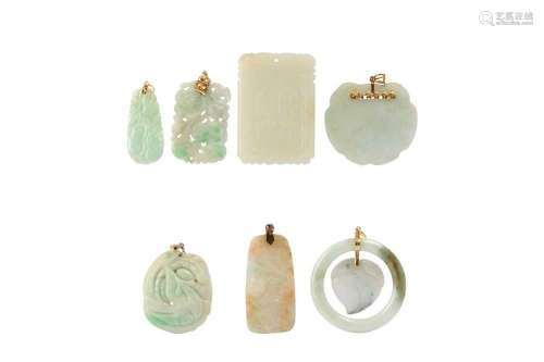 SEVEN CHINESE JADE AND JADEITE PENDANTS. Comprising: a recta...