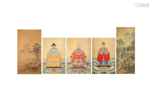 A COLLECTION OF FIVE CHINESE HANGING SCROLLS. Comprising two...