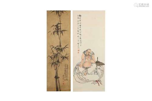 TWO CHINESE HANGING SCROLL PAINTINGS. The first in ink and c...