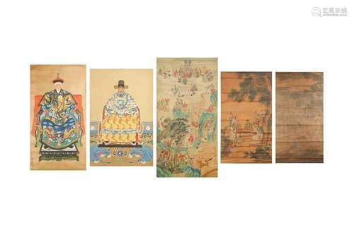 A COLLECTION OF FIVE CHINESE HANGING SCROLLS. Comprising a s...