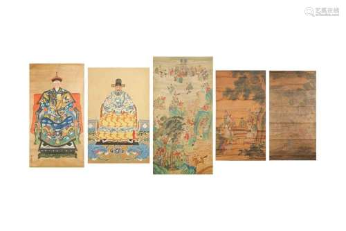 A COLLECTION OF FIVE CHINESE HANGING SCROLLS. Comprising a s...