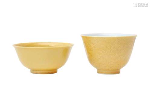 A CHINESE YELLOW-GLAZED CUP AND AN INCISED 'DRAGON' CUP