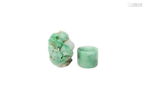 A CHINESE APPLE GREEN JADEITE 'DOUBLE GOURD' PENDANT AND AN ...