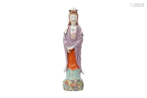 A CHINESE ENAMEL-DECORATED BLANC-DE-CHINE FIGURE OF GUANYIN