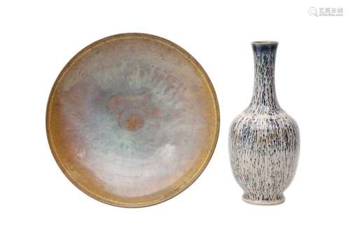 A CHINESE FLAMBÉ-GLAZED VASE AND A DISH