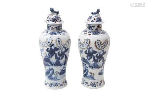 A PAIR OF CHINESE BLUE AND WHITE AND UNDERGLAZE RED 'WARRIOR...