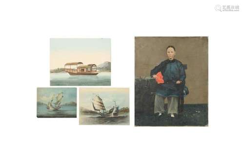A CHINESE EXPORT OIL PORTRAIT OF A LADY AND THREE STUDIES OF...