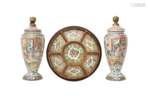 A PAIR OF CHINESE CANTON FAMILLE ROSE VASES AND COVERS AND A...