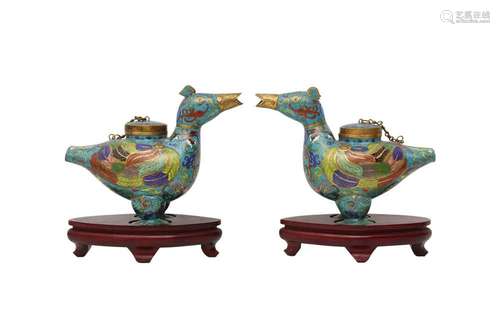 A PAIR OF CHINESE CLOISONNÉ 'DUCK' INCENSE BURNERS AND COVER...