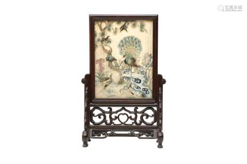 A CHINESE EMBROIDERED 'HUNDRED BIRDS' TABLE SCREEN