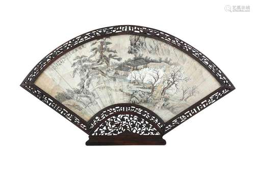 A CHINESE FRAMED LANDSCAPE FAN PAINTING