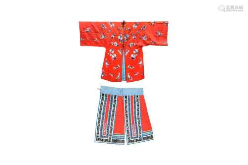 A CHINESE RED-GROUND EMBROIDERED SILK LADY'S JACKET AND A SK...