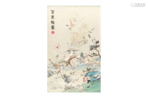 A CHINESE EMBROIDERED 'HUNDRED BIRDS' PANEL