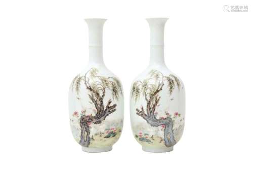 A PAIR OF CHINESE FAMILLE ROSE EGGSHELL 'EGRETS' VASES