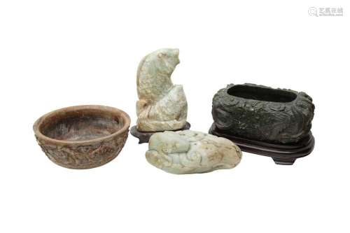 THREE CHINESE JADE CARVINGS AND A SOAPSTONE BOWL