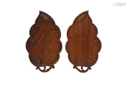 A PAIR OF CHINESE WOOD 'LEAF' TRAYS