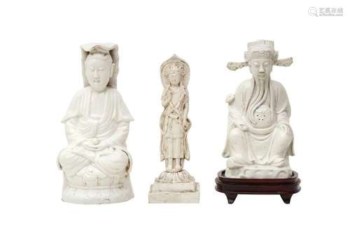 TWO CHINESE BLANC-DE-CHINE FIGURES AND A POTTERY FIGURE