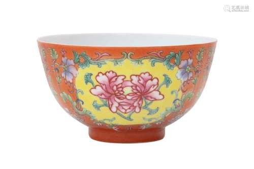 A CHINESE FAMILLE ROSE CORAL-GROUND 'PEONY' BOWL