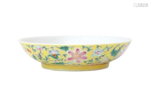 A CHINESE FAMILLE ROSE YELLOW-GROUND 'BLOSSOMS' DISH