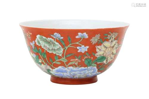 A CHINESE SALMON RED-GROUND 'BLOSSOMS' BOWL