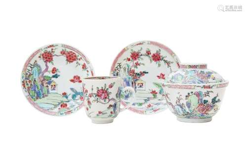 A CHINESE FAMILLE ROSE CUP, BOWL AND COVER, AND TWO SAUCERS