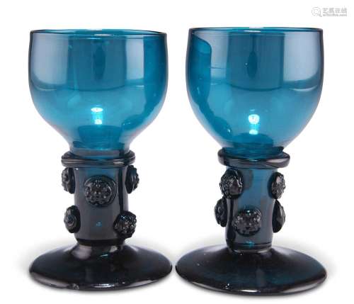 A PAIR OF TURQUOISE GLASS ROEMERS, 19TH CENTURY