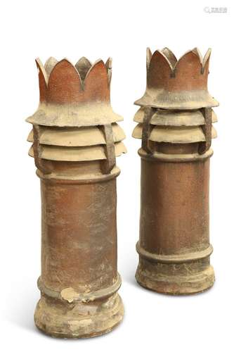 A PAIR OF SALT-GLAZED CHIMNEY POTS