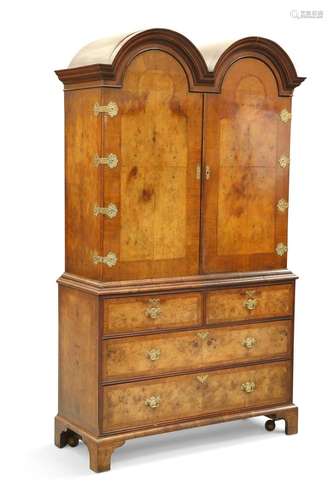 AN 18TH CENTURY STYLE BURR WALNUT DOUBLE DOME TOPPED CABINET...