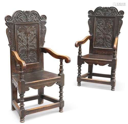 A PAIR OF 17TH CENTURY STYLE OAK WAINSCOT CHAIRS, 19TH CENTU...