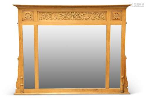 A VICTORIAN OAK OVERMANTEL MIRROR