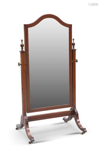 AN EDWARDIAN STRING-INLAID MAHOGANY CHEVAL MIRROR