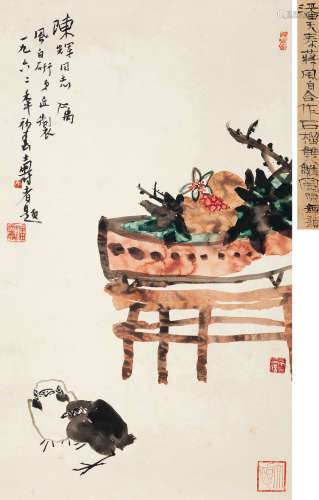潘天寿、蒋风白（陈辉题） 壬戌（1962）年作 石榴双雞图 设色纸本 立轴