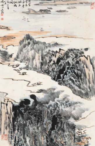 陆俨少 庚申（1980）年作 湖上细雨图 设色纸本 立轴