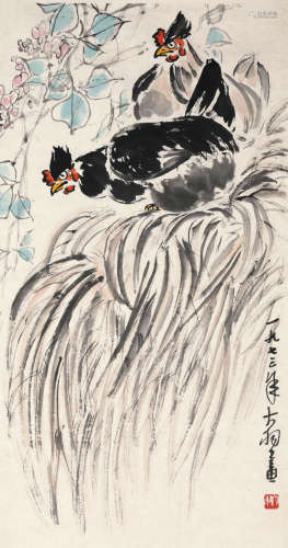 陈大羽 癸丑（1973）年作 双鸡图 设色纸本 托片