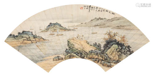 袁松年 丁酉（1957）年作 湖天帆影 设色纸本 扇面