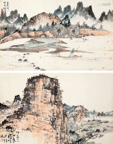 黄独峰 甲辰（1964）年作 山水二帧 设色纸本 托片