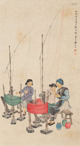 郑慕康 乙酉（1945）年作 纺织图 设色纸本 立轴