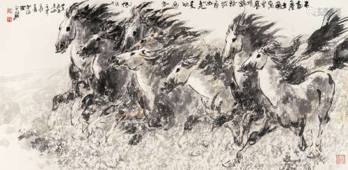 陈永锵 壬申（1992）年作 八骏图 设色纸本 镜片