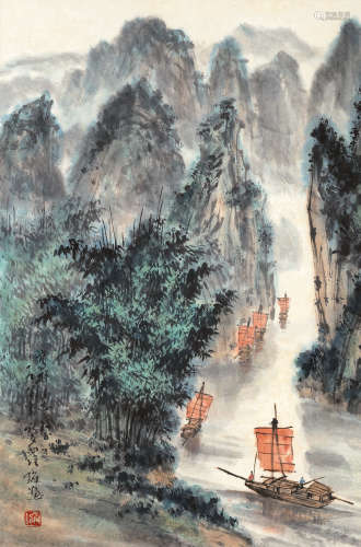 罗铭 庚申（1980）年作 山水 设色纸本 立轴