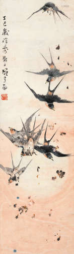 黎雄才 丁巳（1977）年作 飞燕图 设色纸本 立轴